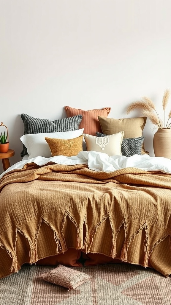 Bedding set featuring rustic earth tones with textured fabrics, including orange and beige colors, layered pillows, and fringe details.