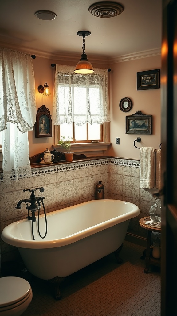 A cozy vintage bathroom featuring a clawfoot tub, lace curtains, and rustic decor.