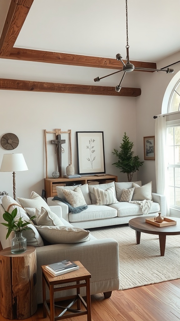 A modern living room featuring rustic wooden beams, cozy sofas, and natural decor elements.