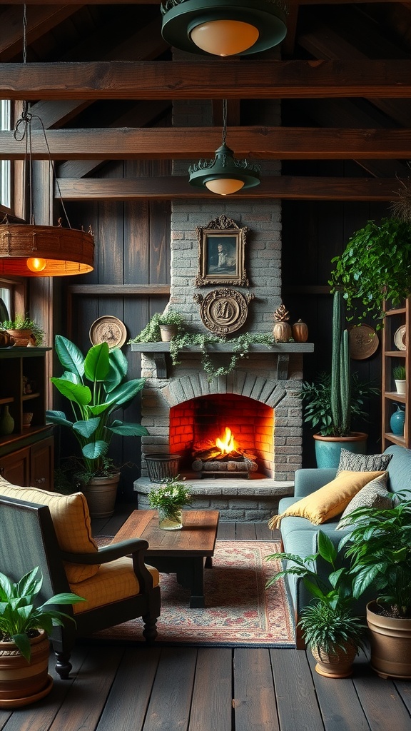 A cozy rustic interior featuring a brick fireplace, green plants, and wooden beams.