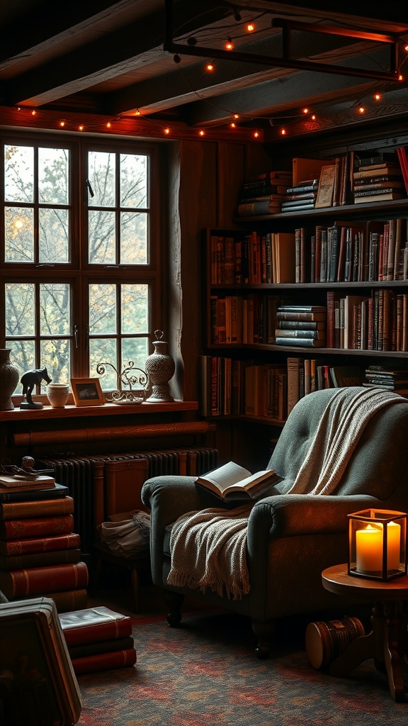 Cozy reading nook with armchair, bookshelves, and warm lighting