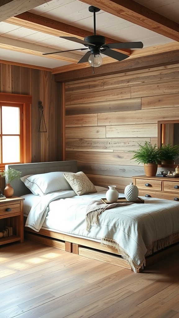 A cozy kitchen nook featuring wooden beams, light cabinets, and a charming island with greenery.