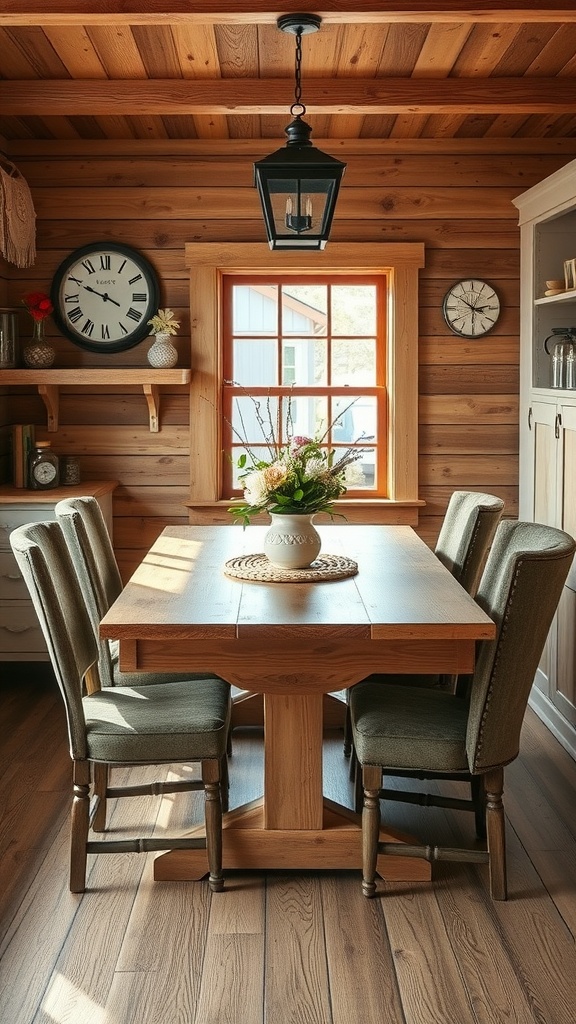 A rustic dining nook with a wooden table, green chairs, and warm wood walls.