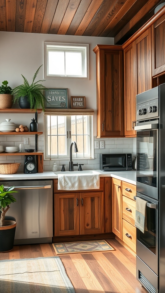 A cozy kitchen featuring warm wooden cabinets, a simple decor, and light countertops.