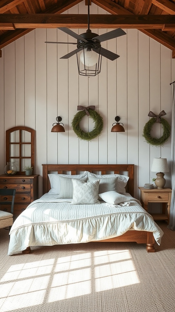 Rustic farmhouse bedroom with wooden furniture, soft bedding, and wall wreaths