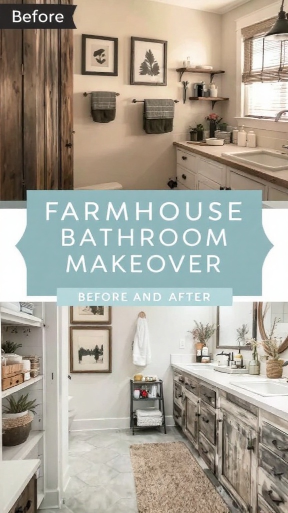 Before and after images of a rustic farmhouse bathroom makeover