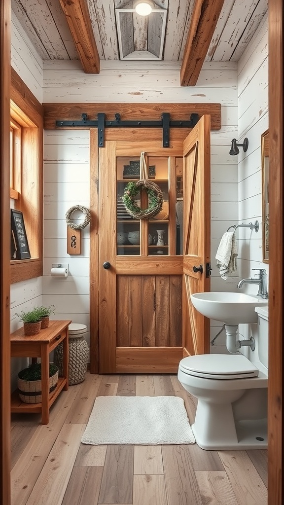 Guest bathroom design with rustic farmhouse style featuring wooden beams, a barn door, and natural decor.