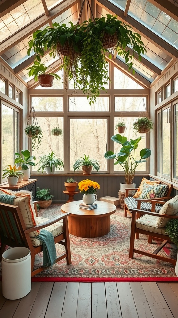 A cozy bohemian-style sunroom with wooden furniture, plants, and bright cushions.