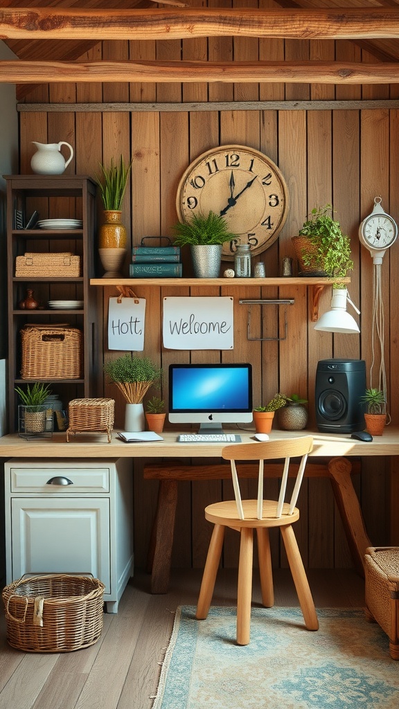 Rustic workspace with natural wood, plants, and an apple computer.