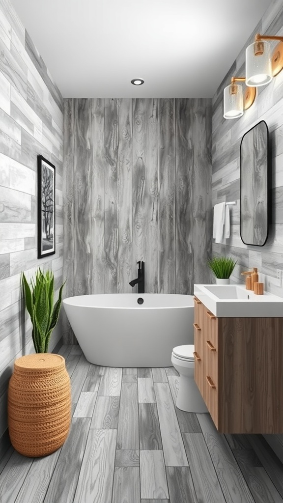 A rustic gray wood bathroom featuring a freestanding tub, wooden elements, and modern fixtures.