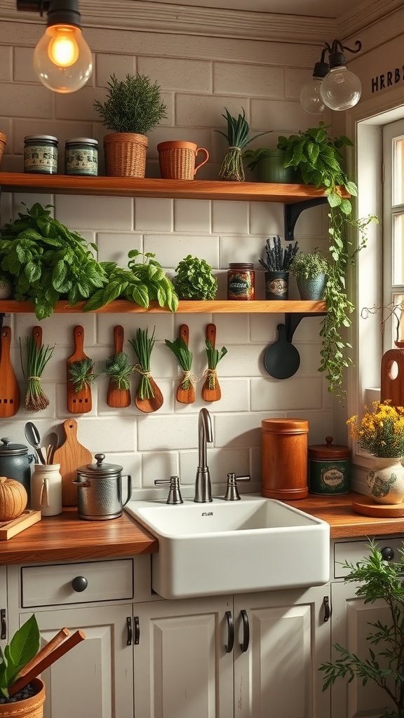 A rustic kitchenette featuring a farmhouse sink, wooden shelves with various herbs, jars, and cooking utensils in a cozy setting.