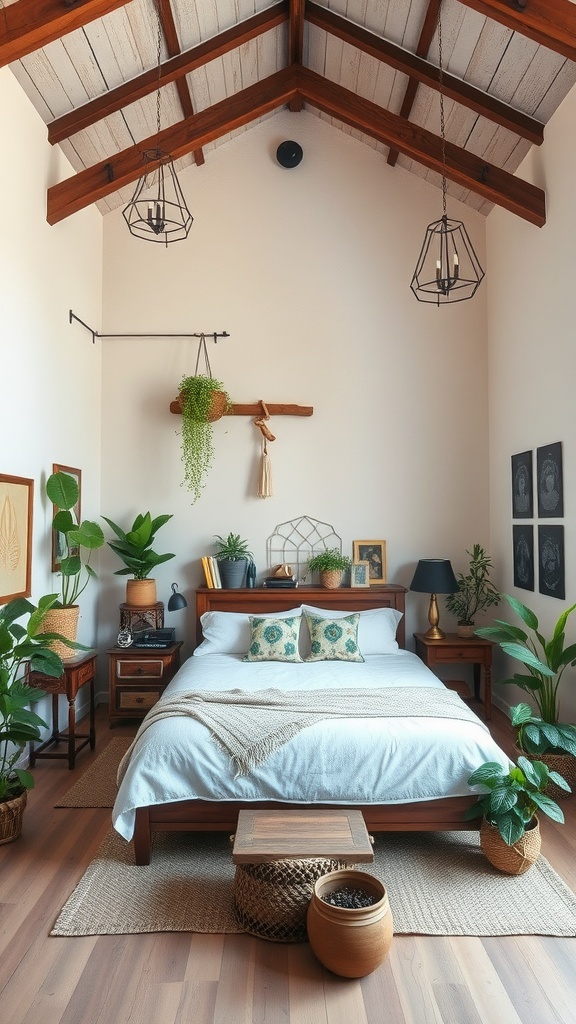 Boho style bedroom with high ceilings featuring wooden beams, plants, and soft textiles.