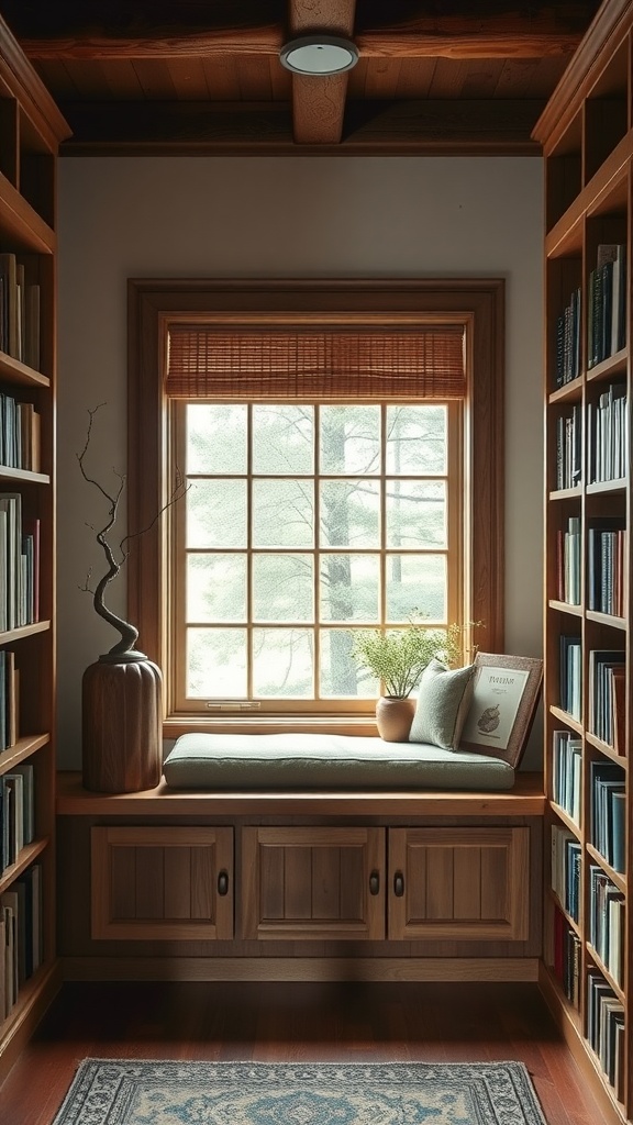 A rustic library showcasing a handcrafted window seat with bookshelves and a cozy atmosphere.