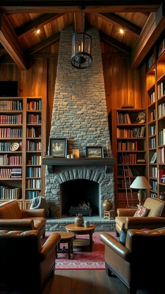 Cozy rustic library featuring reclaimed wood with a stone fireplace and shelves filled with books.