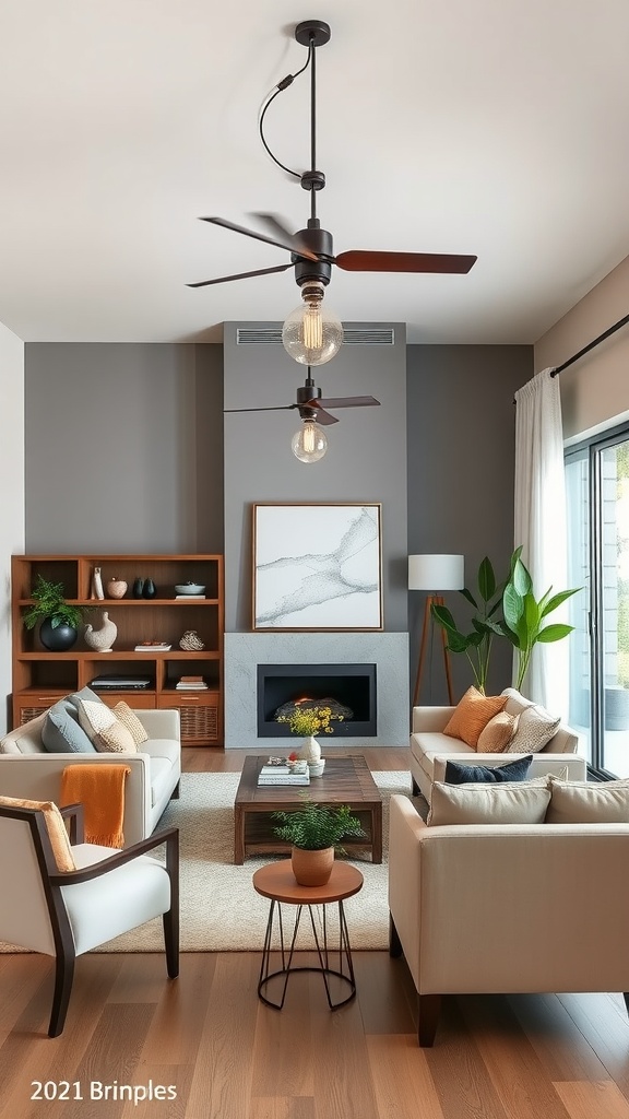 Modern living room with rustic light fixtures and cozy furniture arrangement