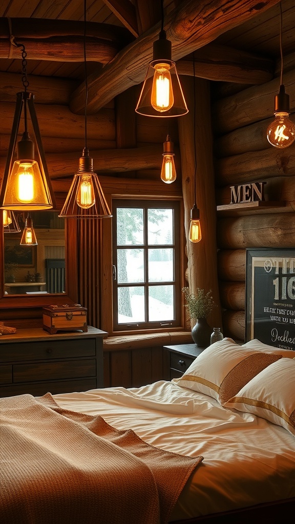 A rustic bedroom with vintage lighting fixtures hanging from a wooden ceiling.