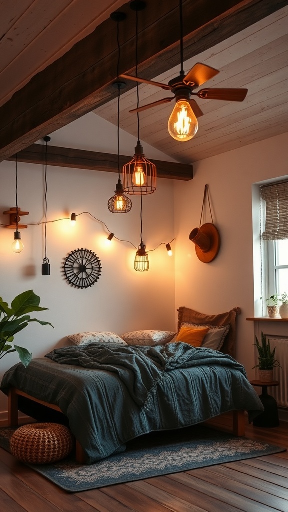 A bohemian bedroom with rustic lighting fixtures and a cozy bed