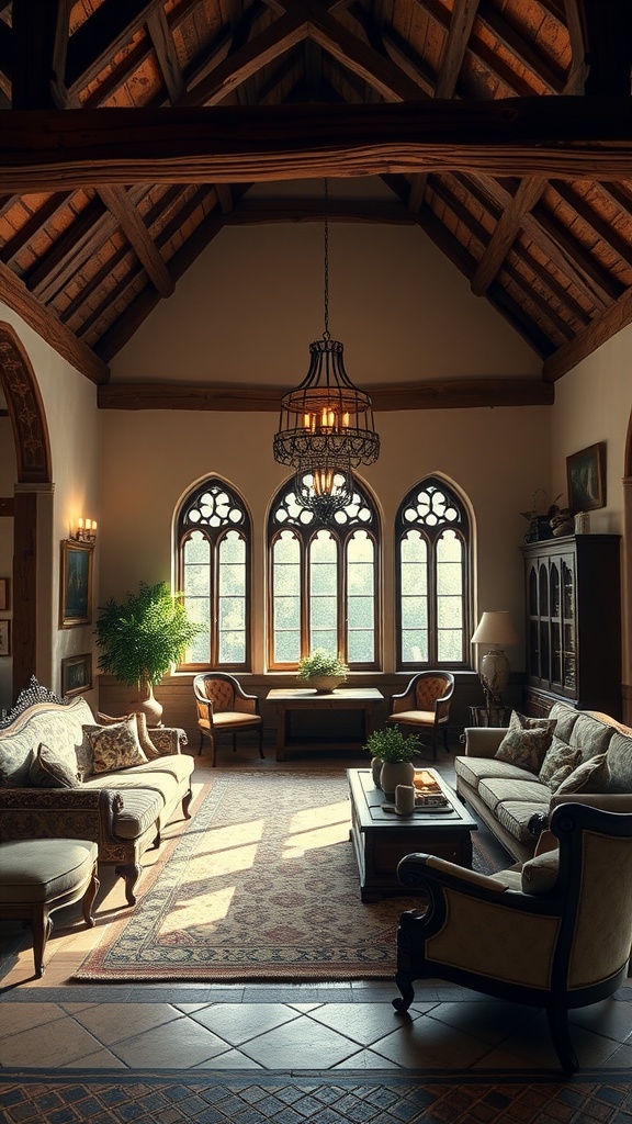 A rustic living room featuring Gothic arches, wooden beams, plush sofas, and large windows.