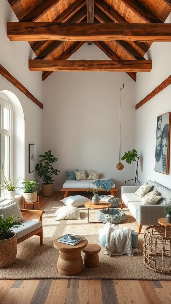 A modern living space with rustic elements, featuring wooden beams and cozy furniture.