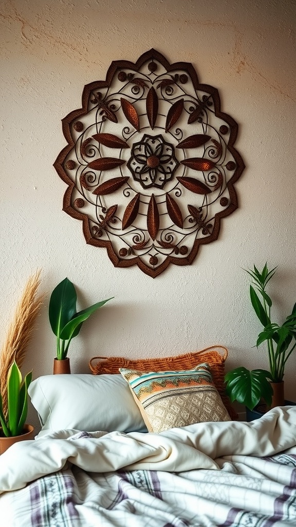 Rustic metal wall art with a mandala design above a cozy bed with plants