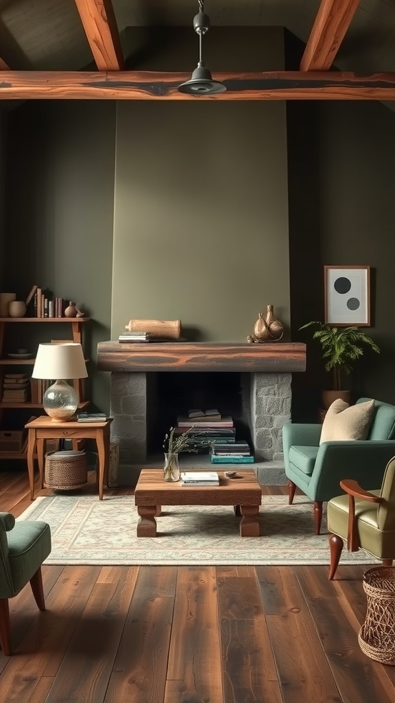 Living room featuring rustic olive green walls, wooden beams, and cozy furniture