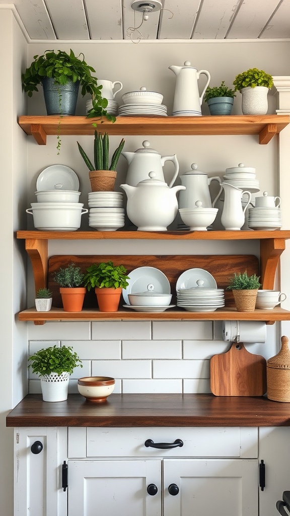 Rustic open shelving with white dishware and potted plants