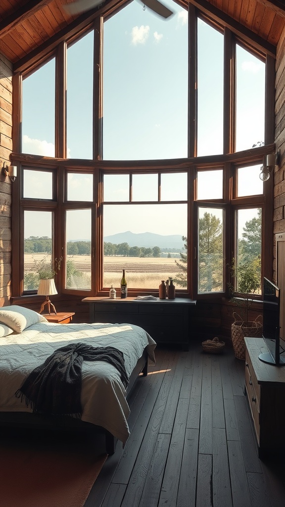 A rustic bedroom with large windows overlooking a natural landscape, featuring wooden walls and cozy bedding.