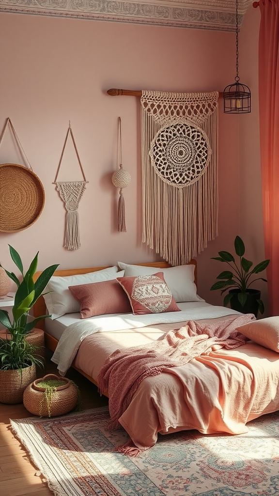 A cozy bedroom with pink walls, boho decor, and plants.