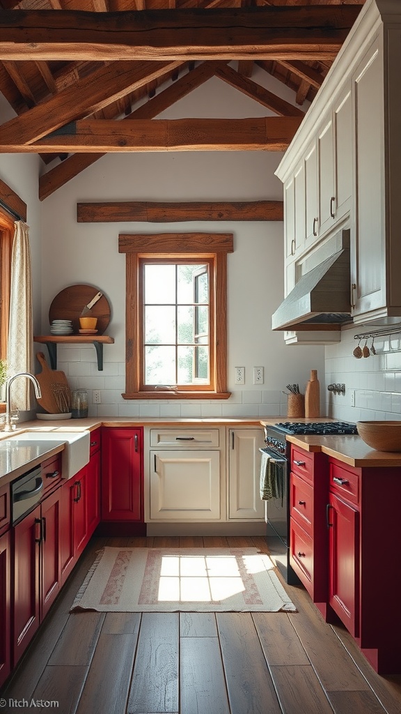 A rustic kitchen featuring red and white shaker style cabinets with wooden beams and flooring.