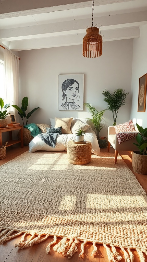 A cozy living room featuring a large woven rug, plants, and comfortable seating.