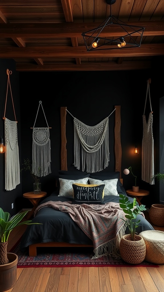 A cozy and stylish black boho bedroom featuring macramé wall hangings, wooden beams, and potted plants.