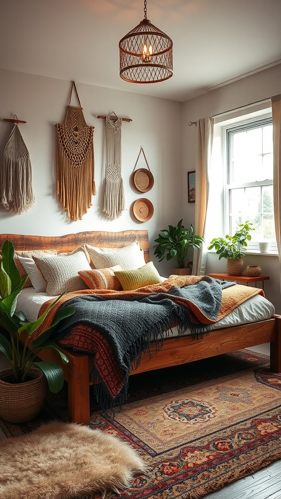 A cozy boho style bedroom featuring a wooden bed, decorative wall hangings, and plants.