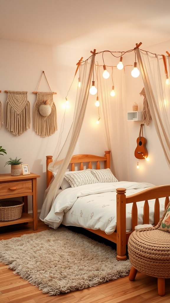 A cozy boho style bedroom for a girl toddler featuring a wooden bed, a soft rug, macramé wall hangings, and string lights.