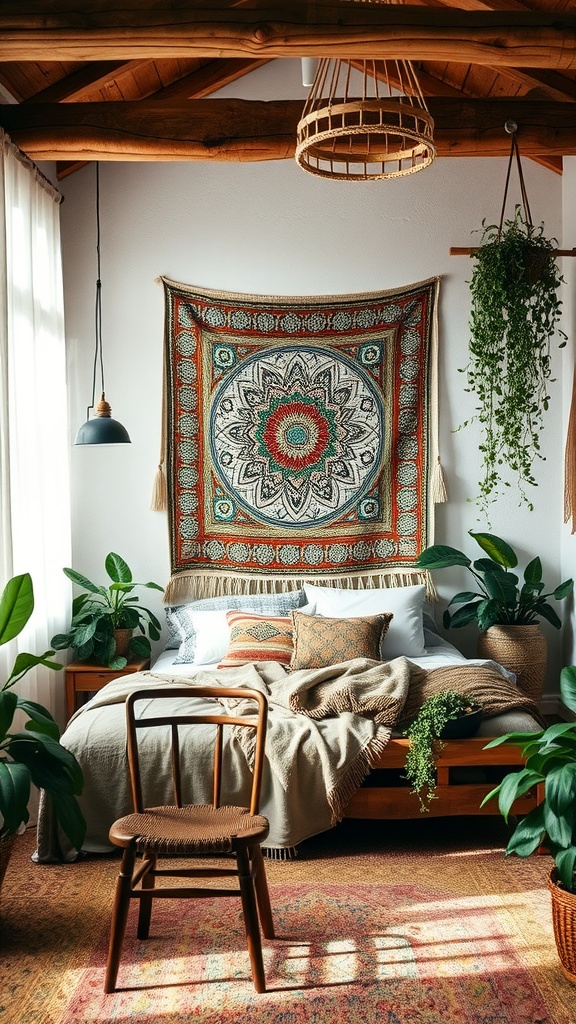 A rustic bedroom with wooden beams, a colorful tapestry, and plants