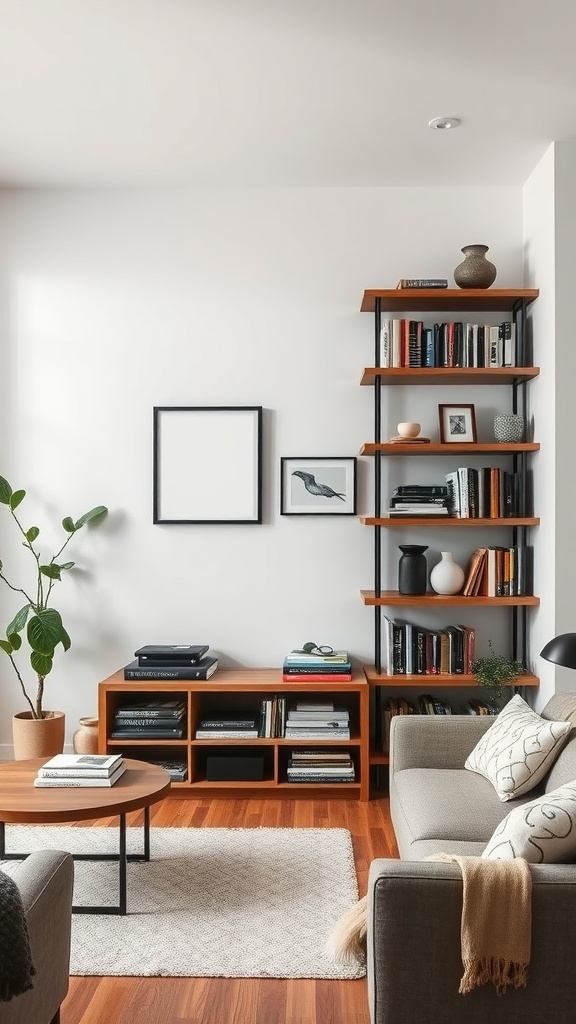 A modern living room featuring rustic shelving, a cozy couch, and plants.