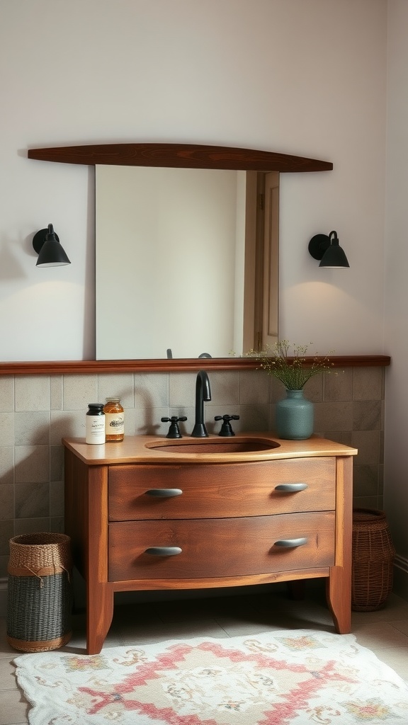 A rustic wooden sink vanity with a black faucet and modern fixtures, surrounded by decorative elements in a cozy farmhouse bathroom.