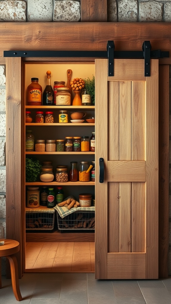 A rustic sliding barn door leading to a well-organized pantry with shelves of jars and ingredients.