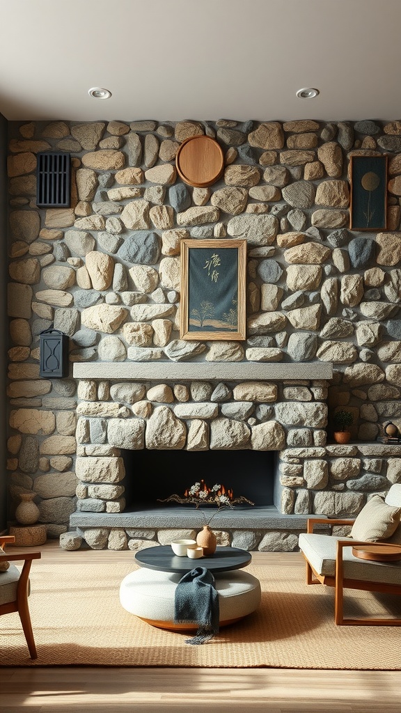 A cozy living room featuring a rustic stone wall, elegant chairs, and warm decor elements.