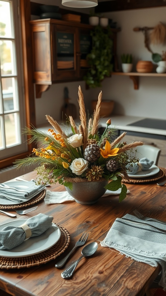 Rustic table centerpiece with dried flowers and pinecones in a vase on a wooden table
