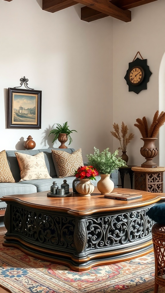 A rustic coffee table with intricate designs in a cozy living room setting, surrounded by comfortable seating and decorative accents.