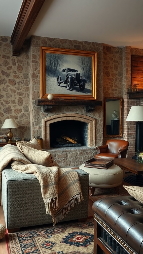 Cozy living room with rustic stone wall, plush throw, leather chair, and classic fireplace