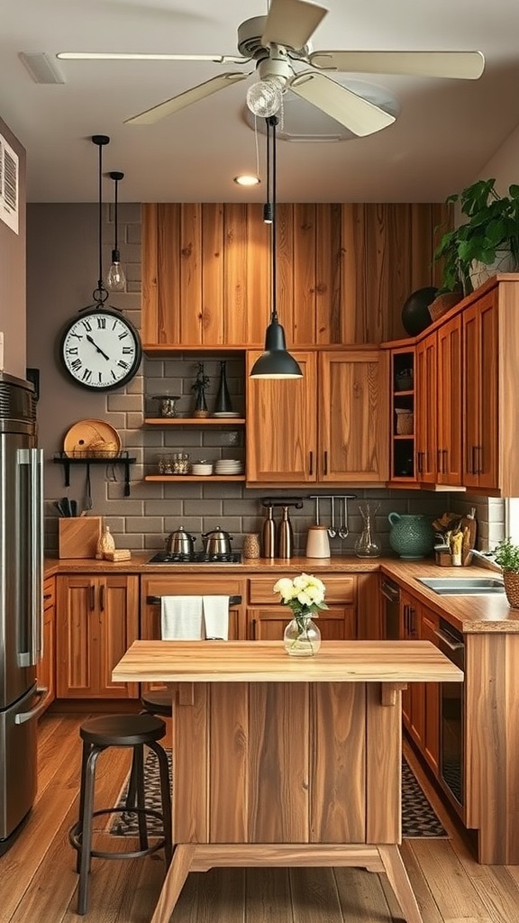 Rustic U-shaped kitchen with wooden wall units and a central table.