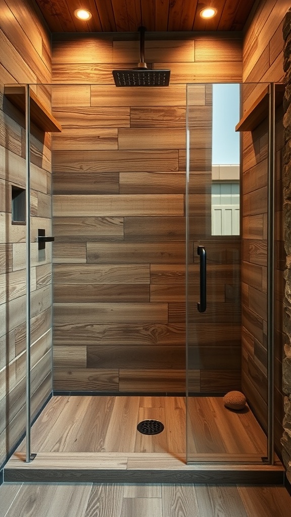 A rustic walk-in shower with wood-look tile walls and a glass enclosure.