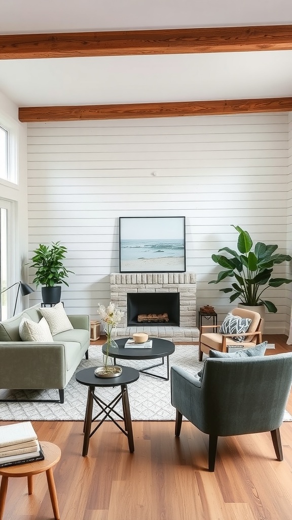 A modern living room featuring rustic accents with shiplap walls, wooden beams, and a stone fireplace.