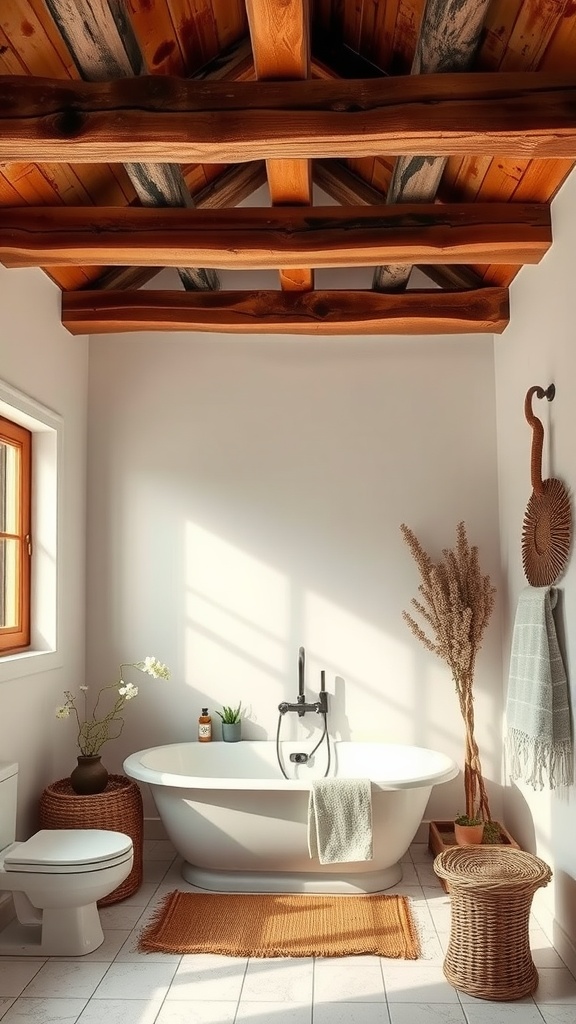 A bathroom featuring rustic wood beams and a freestanding tub, enhanced with natural decor.