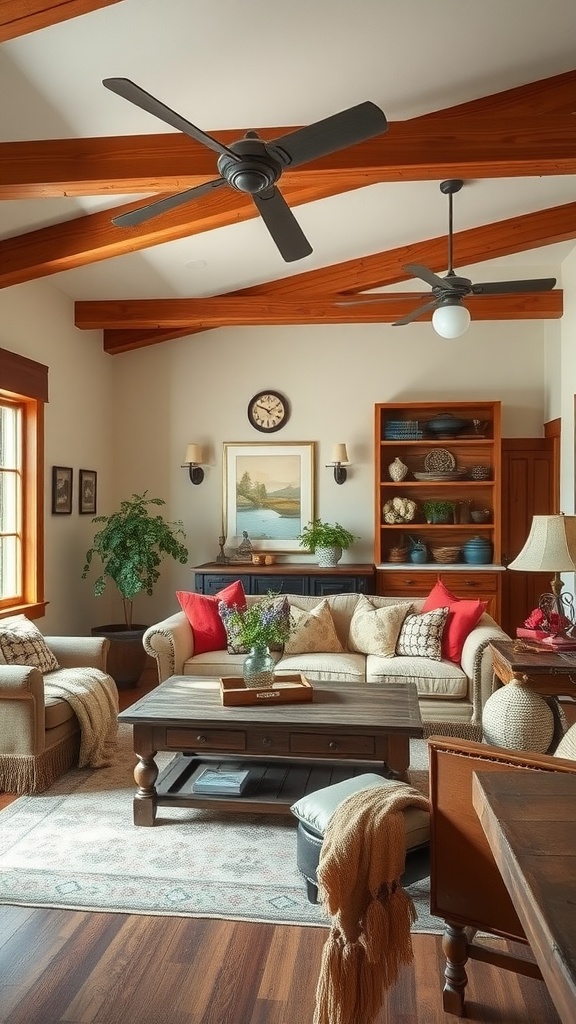 A cozy living room with rustic wood beams, soft textiles, and a warm color palette.