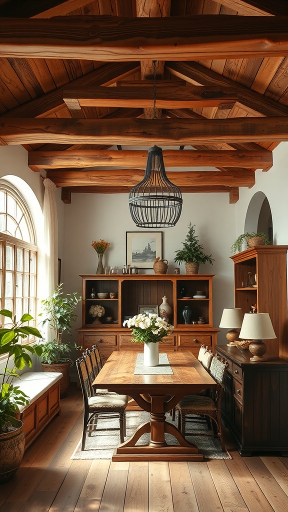 A luxurious Italian dining room featuring rustic wooden beams and elegant furniture.