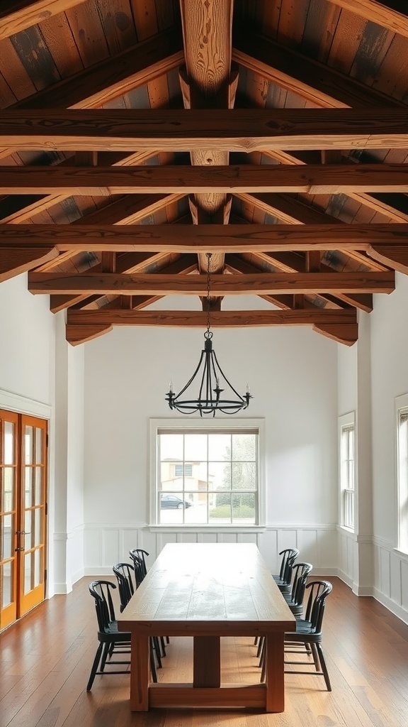 Modern farmhouse dining room with rustic wooden beams and a large wooden table
