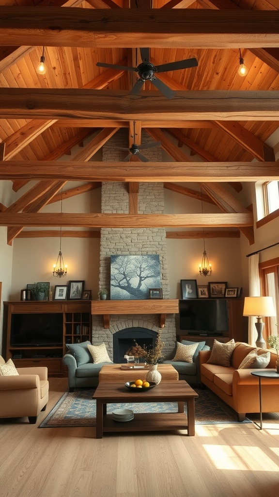 A living room with rustic wooden beams, a stone fireplace, and cozy seating arrangements.