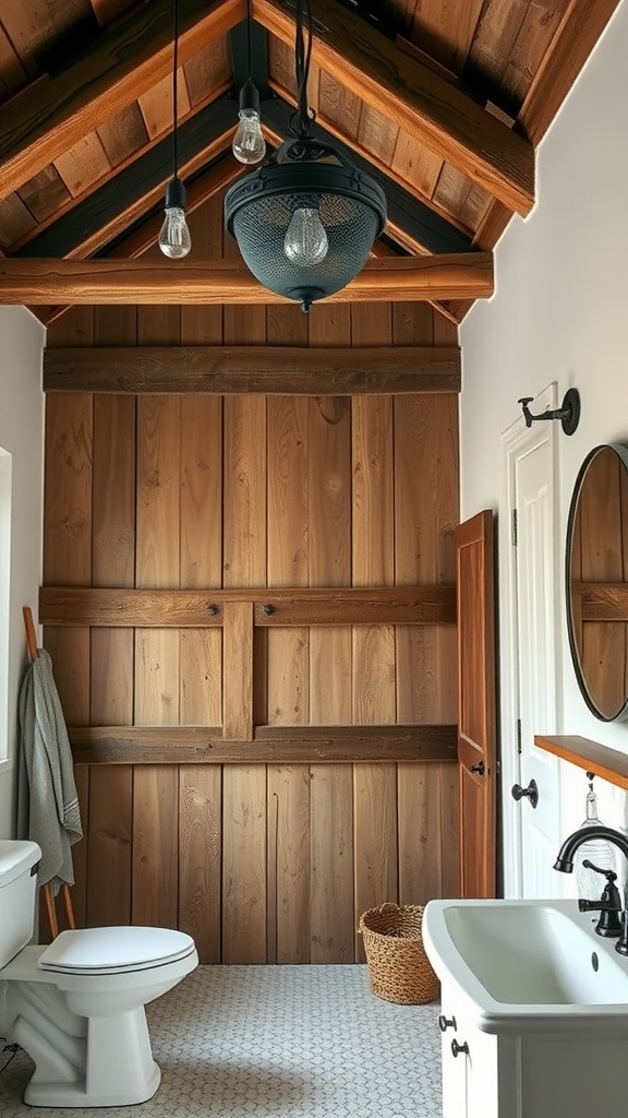 A rustic bathroom featuring wooden beams and modern fixtures